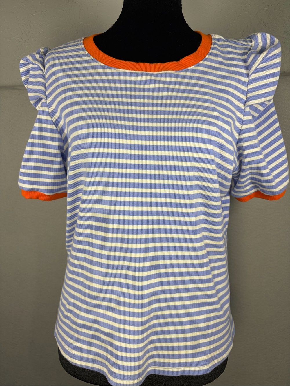 Anthropologie Lavender and White Striped Puff Sleeve Tee with Orange Trim